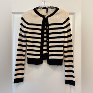 H&M Divided Cream and Black Striped Ribbed Cardigan with Gold Buttons